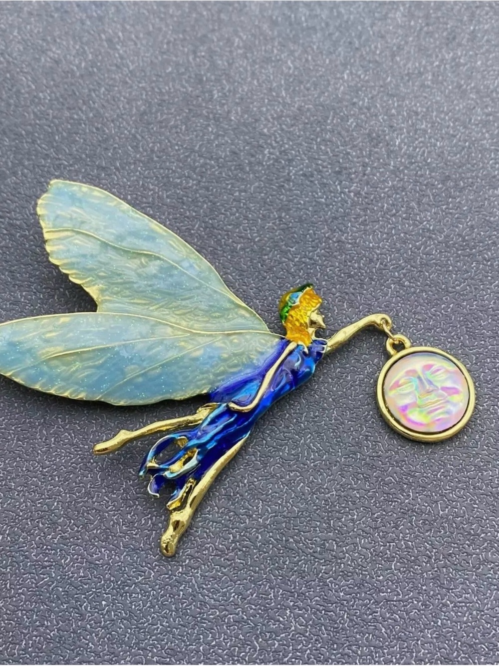 Enamel Fairy Brooch with Iridescent Moon Pendant - Blue & Green